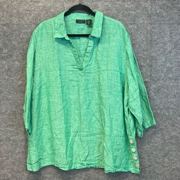 TAHARI Blouse Women’s 3X Green Kiwi Linen Split Neck Popover Button Hem Top EUC - Picture 1 of 11